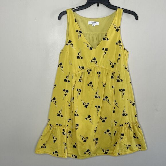 THAKOON Mini Shift Dress Women 4 Yellow Floral Ruffle Sleeveless Cotton V-Neck - Picture 1 of 14